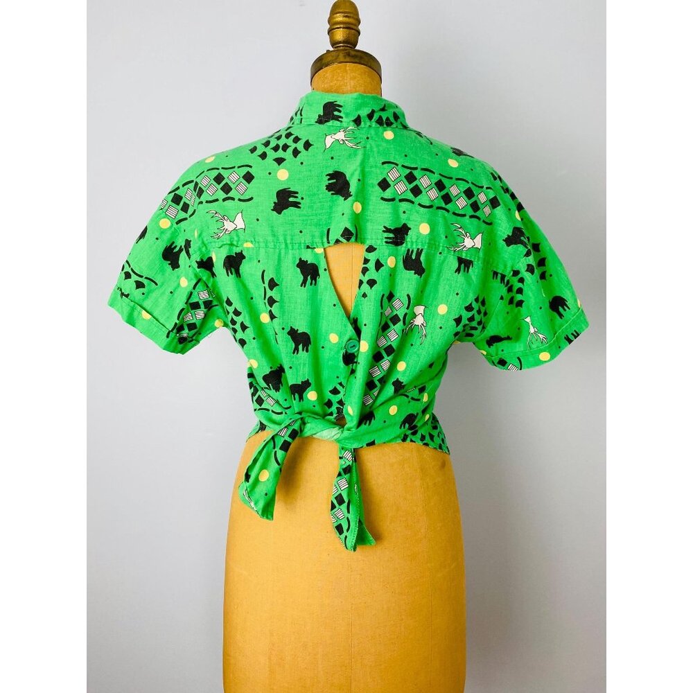 Vintage 80s Novelty Print Button Up Blouse, Women's Size M, Cut Out Tie-Back